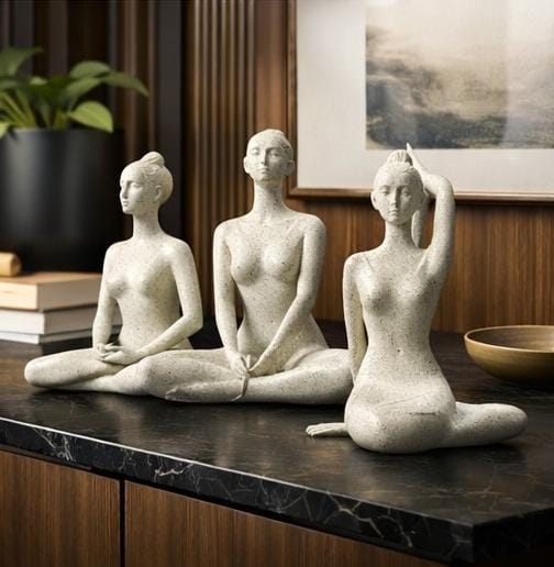 Serene Yoga Woman Figurines (Set of 3) – Handcrafted Stone-Style Meditation Sculptures for Elegant Home Decor