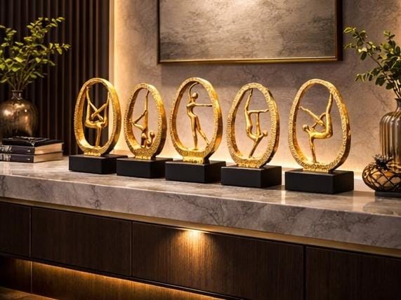 Luxury Gold Abstract Dancer Statues Set of 4 – Contemporary Art Showpiece for Living Room & Office