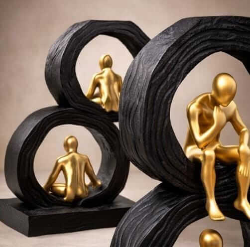 abstract thinker sculpture set gold human figurines black frame modern home decor office India Abstract thinker sculpture set for home decor India