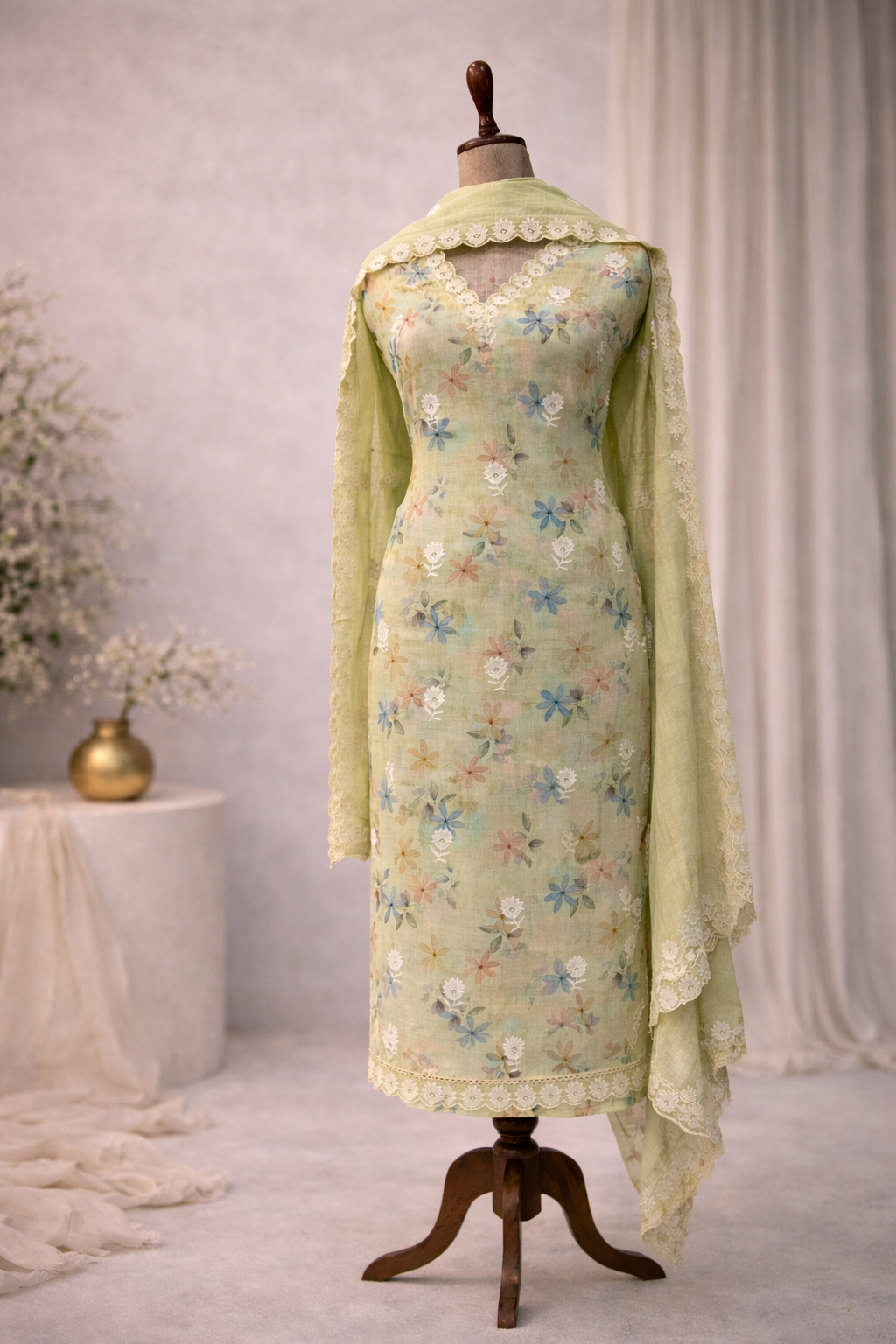 designer unstitched suit set India pastel green floral suit set