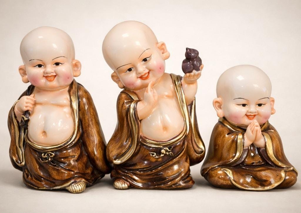 Set of 3 Smiling Monk Figurines – Handcrafted Porcelain Buddha Statues for Home Decor, Feng Shui & Gift Display