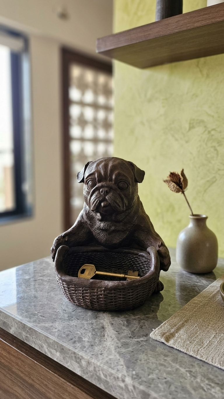 Handcrafted Pug Dog Basket Showpiece – Decorative Storage Figurine for Home