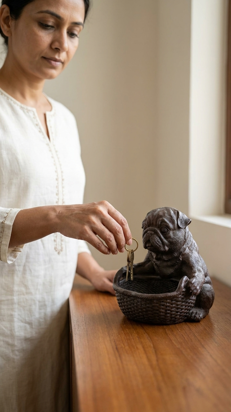 Handcrafted Pug Dog Basket Showpiece – Decorative Storage Figurine for Home