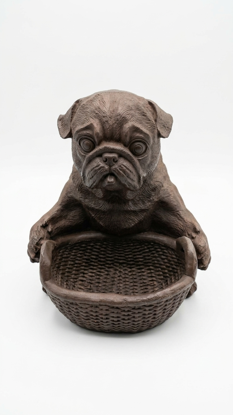 Handcrafted Pug Dog Basket Showpiece – Decorative Storage Figurine for Home