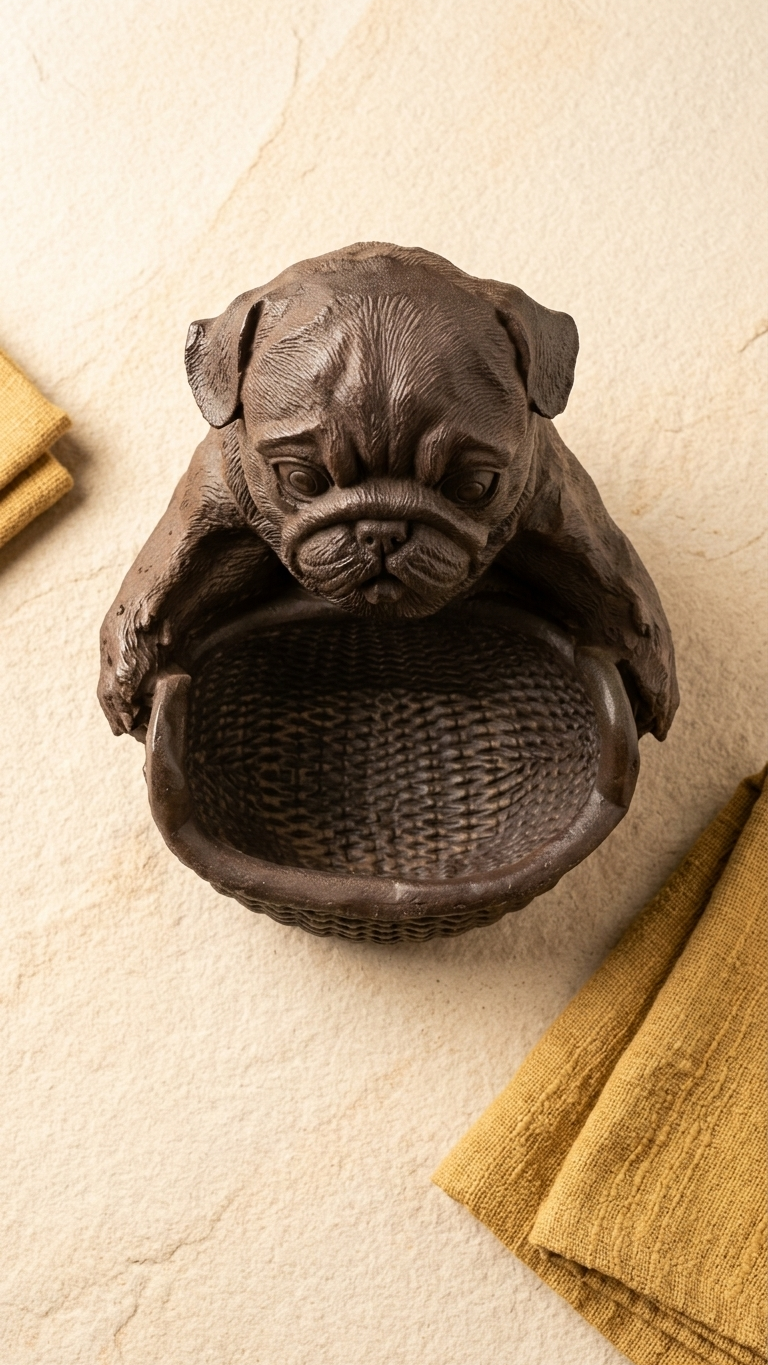 Handcrafted Pug Dog Basket Showpiece – Decorative Storage Figurine for Home