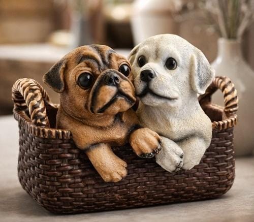 Cute Puppy Duo Basket Figurine – Handcrafted Pug & Labrador Dog Sculpture for Home Decor, Gift & Tabletop Display