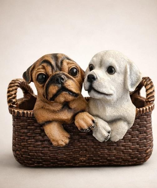 Cute Puppy Duo Basket Figurine – Handcrafted Pug & Labrador Dog Sculpture for Home Decor, Gift & Tabletop Display