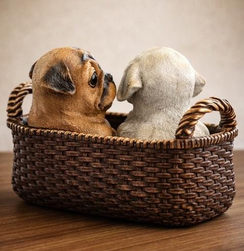 Cute Puppy Duo Basket Figurine – Handcrafted Pug & Labrador Dog Sculpture for Home Decor, Gift & Tabletop Display