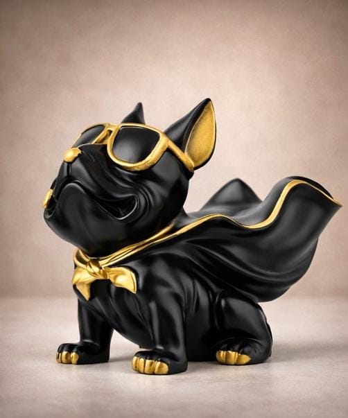 Luxury Superhero French Bulldog Figurine – Black & Gold Dog Statue Home Decor Ornament