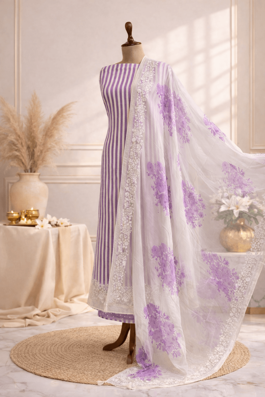 lavender striped designer suit set with floral dupatta pastel ethnic wear India