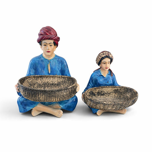 Traditional Indian Couple Figurine with Basket Tray – Handcrafted Ethnic Home Décor Showpiece