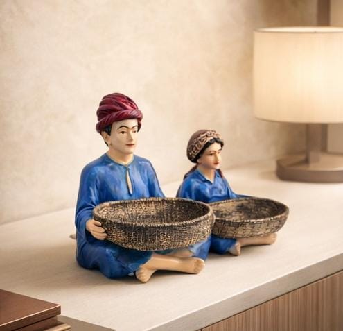Traditional Indian Couple Figurine with Basket Tray – Handcrafted Ethnic Home Décor Showpiece