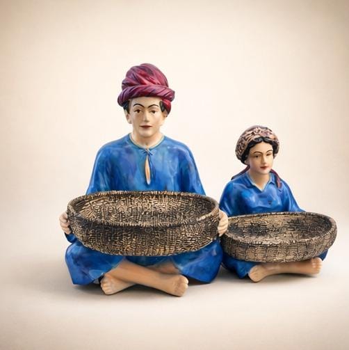 Traditional Indian Couple Figurine with Basket Tray – Handcrafted Ethnic Home Décor Showpiece