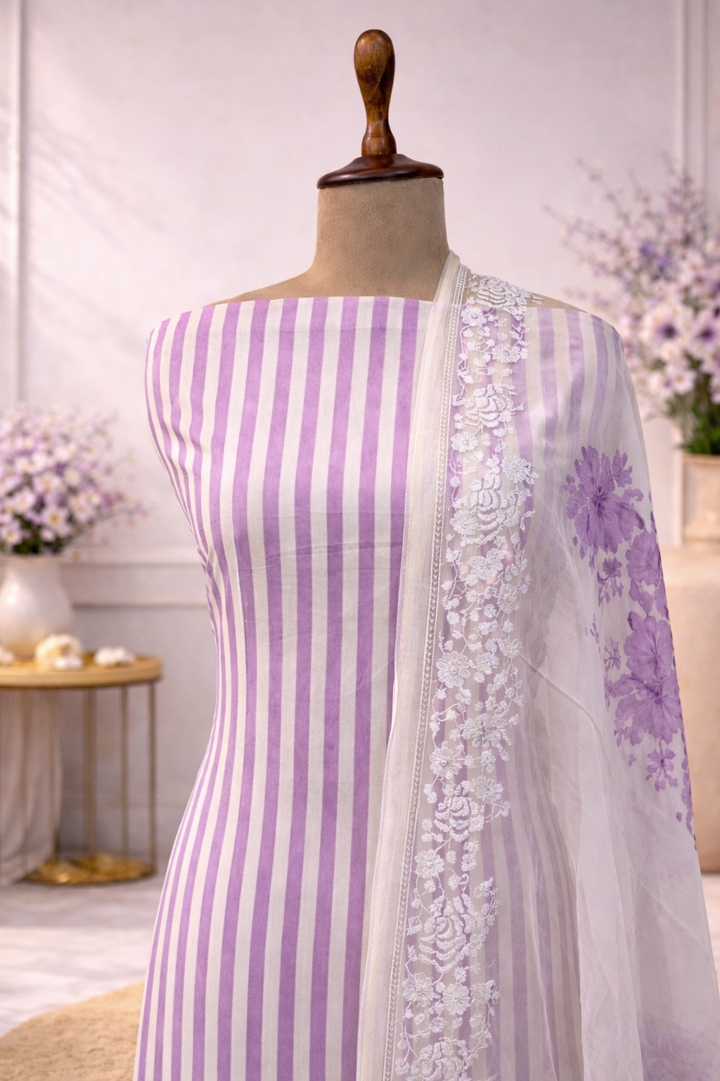 lavender striped designer suit set India lavender color
