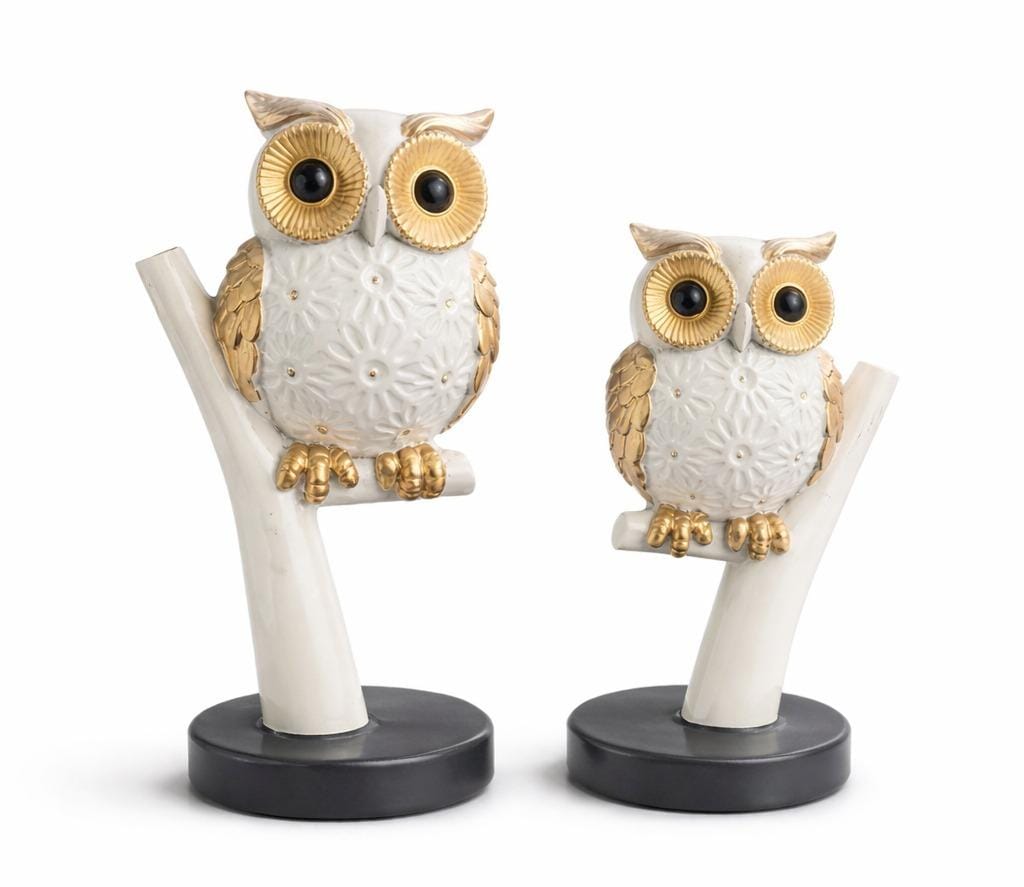 Luxury White & Gold Owl Showpiece – Decorative Owl Figurine for Home Decor & Gift