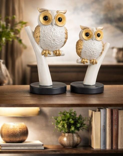 Luxury White & Gold Owl Showpiece – Decorative Owl Figurine for Home Decor & Gift