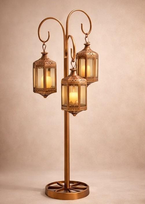 Vintage Triple Hanging Lantern Floor Lamp – Metal Candle Holder Stand for Home Décor & Festive Lighting