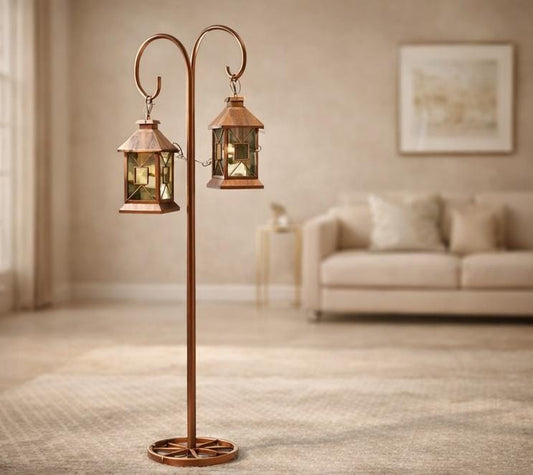 Vintage Double Hanging Lantern Floor Lamp – Metal Candle Holder Stand for Home & Festive Décor