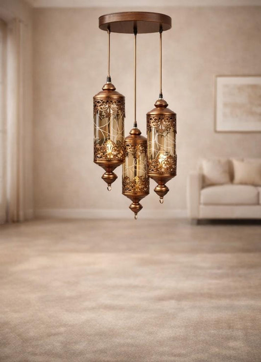 Vintage Triple Hanging Lantern Ceiling Light – Antique Metal Pendant Lamp for Living Room & Home Décor