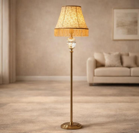Vintage Floor Lamp with Elegant Fabric Shade & Crystal Accent – Decorative Standing Lamp for Living Room & Bedroom