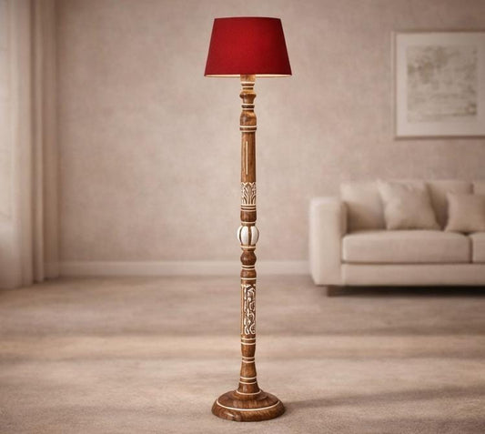 Handcrafted Wooden Floor Lamp with Red Fabric Shade – Vintage Carved Standing Lamp for Living Room & Bedroom Decor