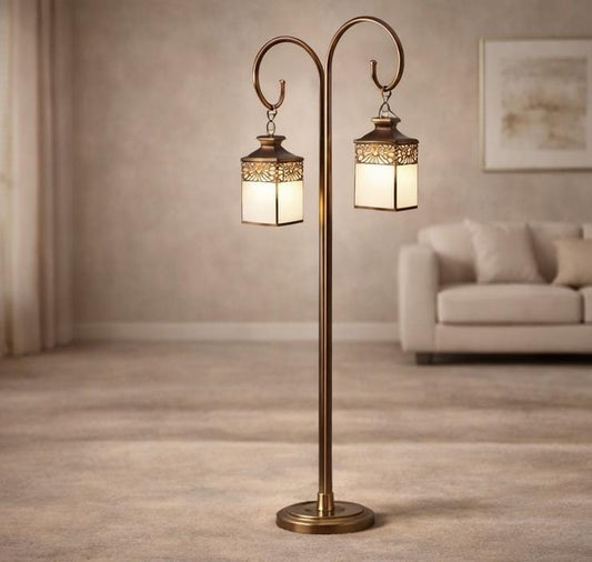 Vintage Dual Lantern Floor Lamp in Antique Brass Finish – Decorative Standing Light for Living Room, Bedroom & Home Décor