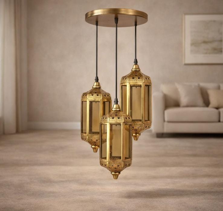 Moroccan Triple Lantern Pendant Light in Antique Gold Finish – Decorative Hanging Ceiling Lamp for Living Room, Dining Area & Home Décor