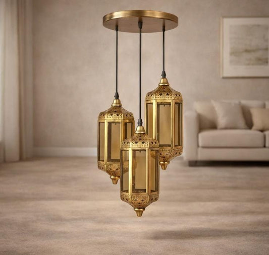 Moroccan Triple Lantern Pendant Light in Antique Gold Finish – Decorative Hanging Ceiling Lamp for Living Room, Dining Area & Home Décor