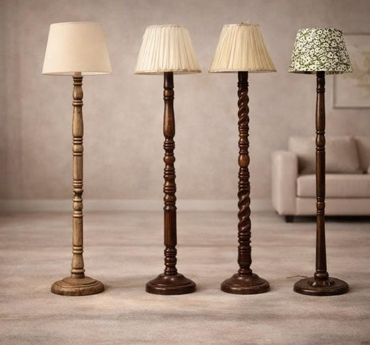 Handcrafted Wooden Floor Lamp with Fabric Shade – Vintage Standing Lamp for Living Room & Bedroom Decor