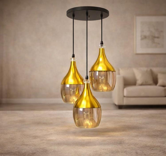 Modern Gold Glass Triple Pendant Light | Luxury Hanging Ceiling Lamp for Living Room & Dining Area