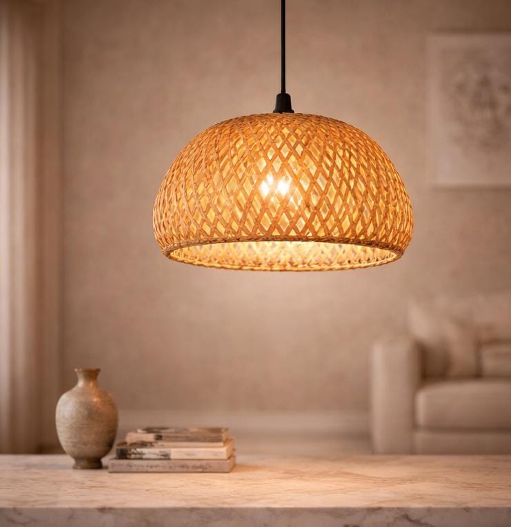 Handwoven Bamboo Pendant Light – Natural Rattan Hanging Ceiling Lamp for Living Room & Dining Area