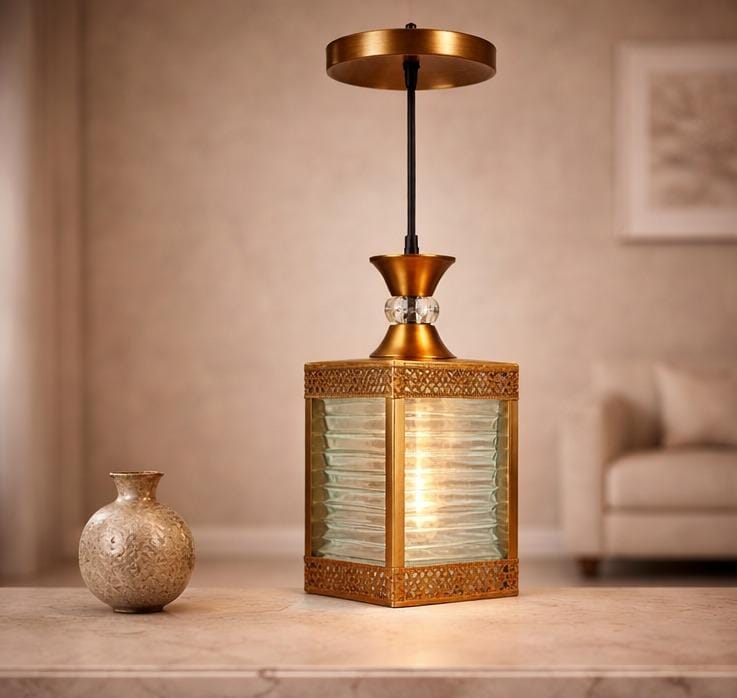 Antique Square Lantern Pendant Light with Textured Glass – Vintage Hanging Ceiling Lamp for Living Room & Dining Area