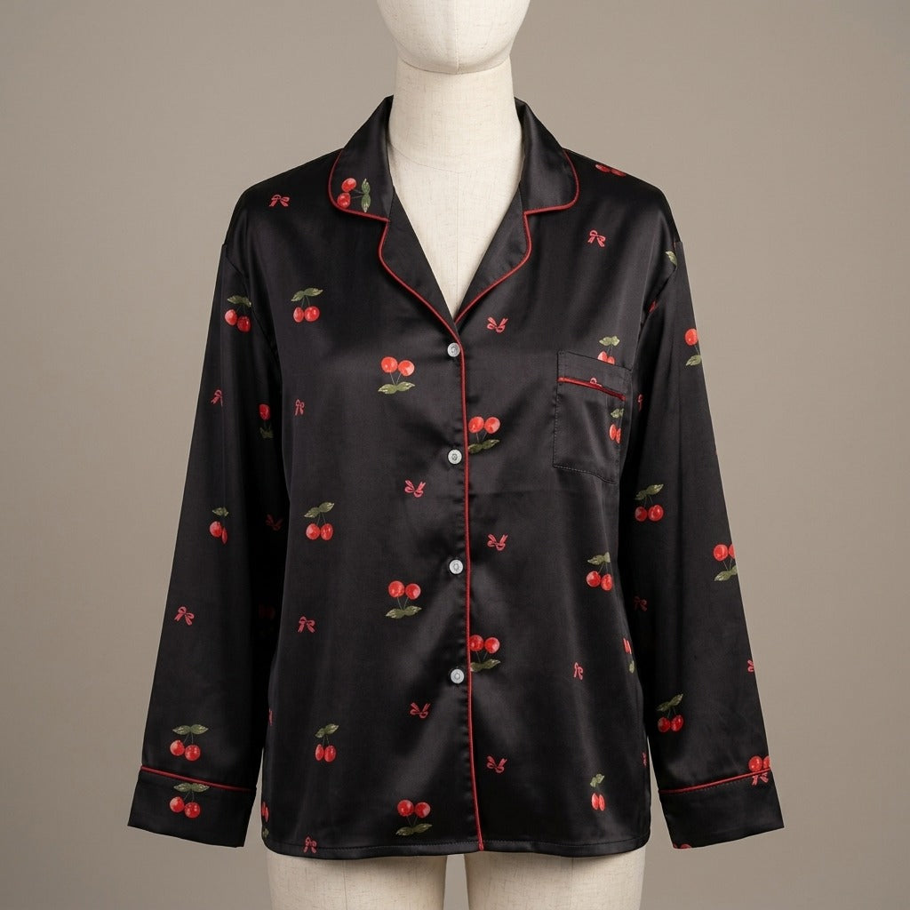Black Satin Cherry Print Nightwear Set for Women
