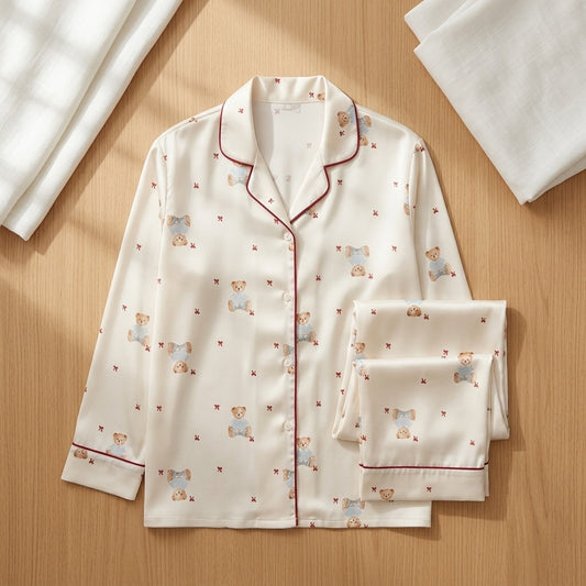 Women’s Ivory Teddy Bear Printed Button-Down Nightwear Set