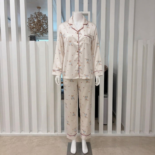 Women’s Ivory Teddy Bear Printed Button-Down Nightwear Set
