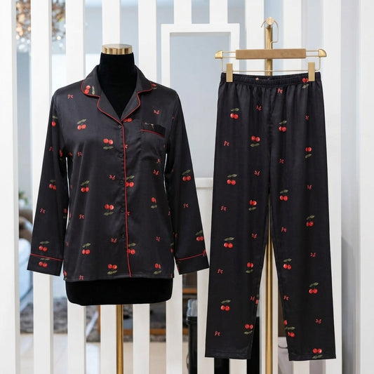 Black Satin Cherry Print Nightwear Set for Women