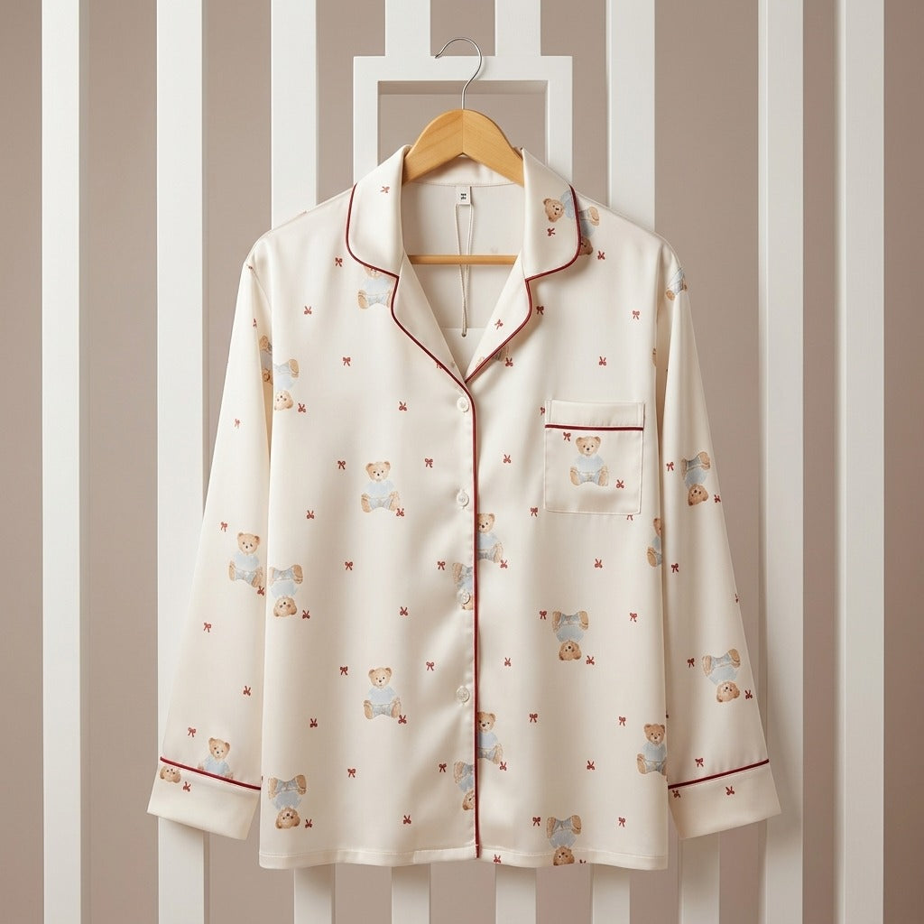 Women’s Ivory Teddy Bear Printed Button-Down Nightwear Set
