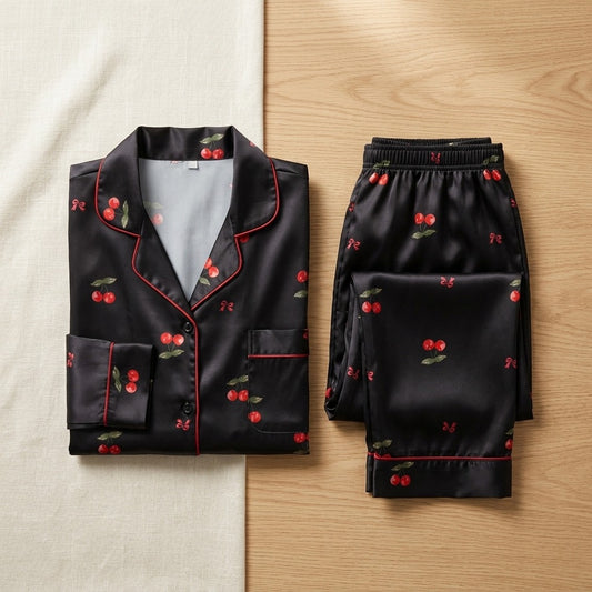 Black Satin Cherry Print Nightwear Set for Women