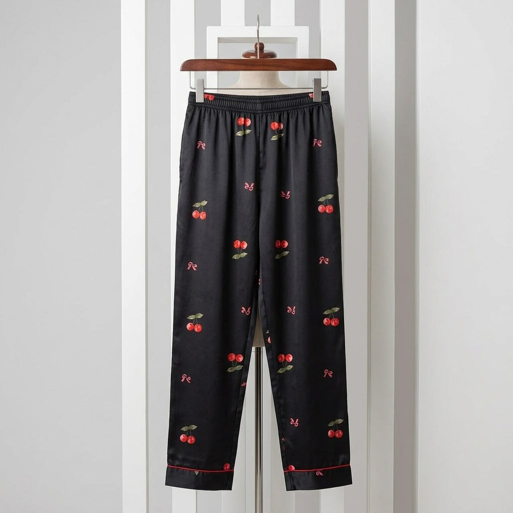 Black Satin Cherry Print Nightwear Set for Women