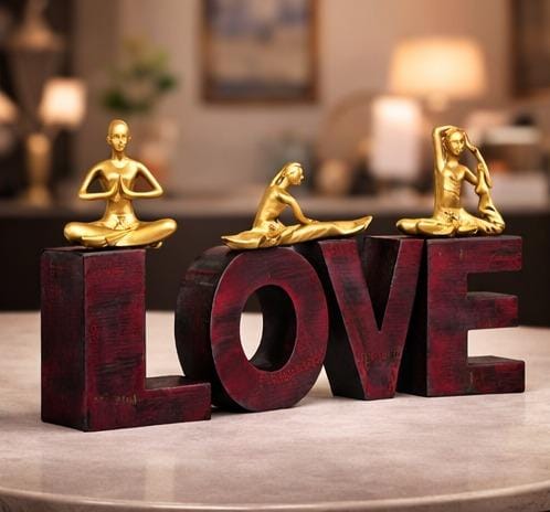 LOVE Yoga Figurine Showpiece – Golden Meditation Statues on Wooden Letters | Spiritual Home & Office Decor