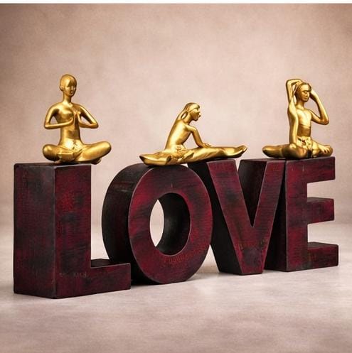 LOVE Yoga Figurine Showpiece – Golden Meditation Statues on Wooden Letters | Spiritual Home & Office Decor