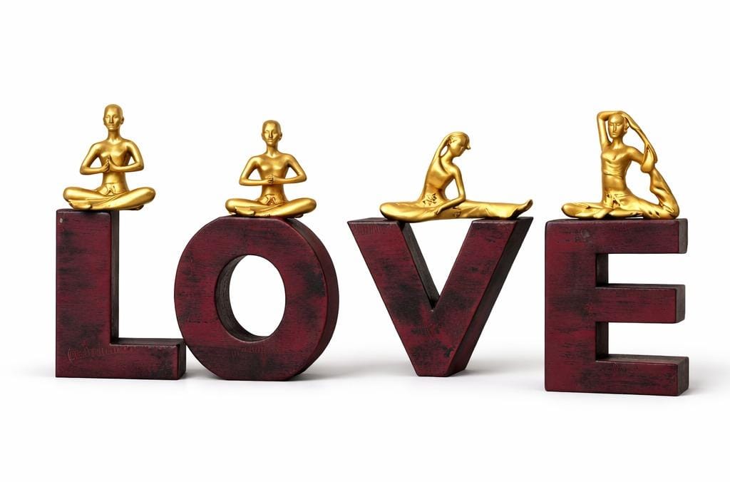 LOVE Yoga Figurine Showpiece – Golden Meditation Statues on Wooden Letters | Spiritual Home & Office Decor
