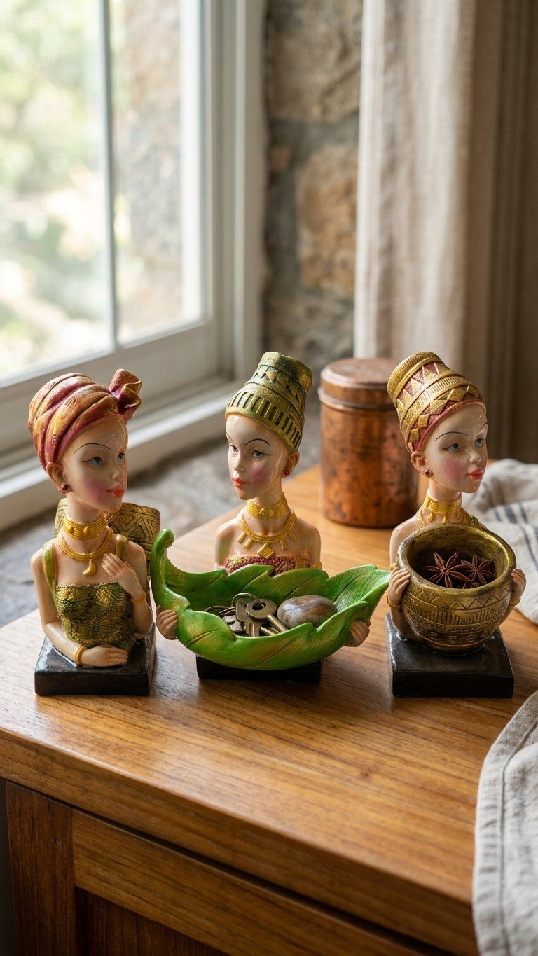 Handcrafted Lady with3 Pieces Leaf Bowl Showpiece Woman Figurine