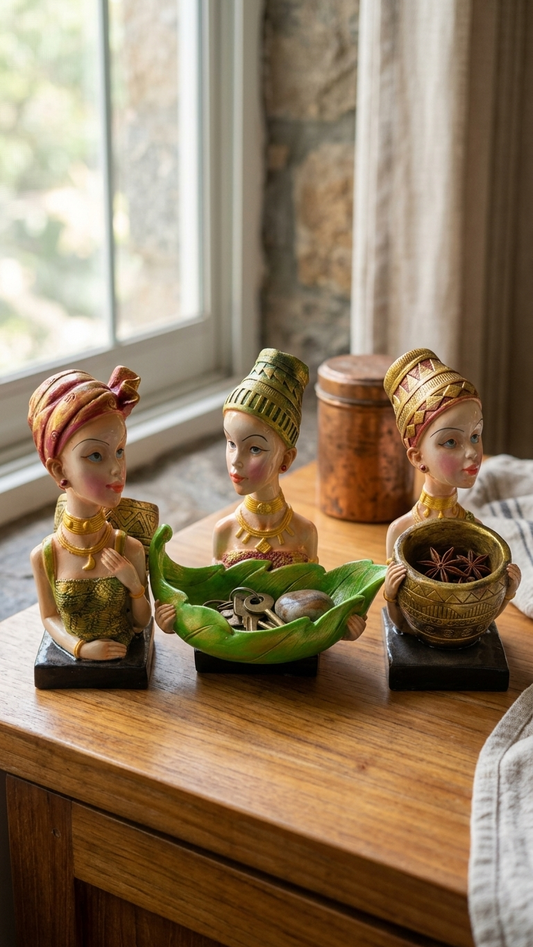 Handcrafted Lady with3 Pieces Leaf Bowl Showpiece Woman Figurine