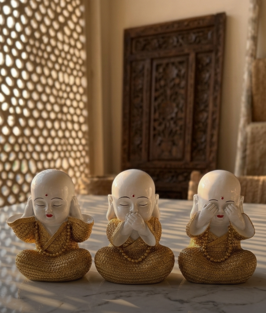 Handcrafted Royal White & Gold Three Wise Monk