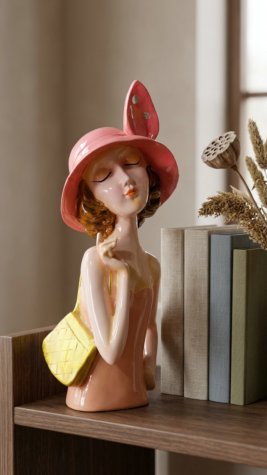 Handcrafted Elegant Lady Showpiece with Pink Bow Hat – Premium Decorative Figurine