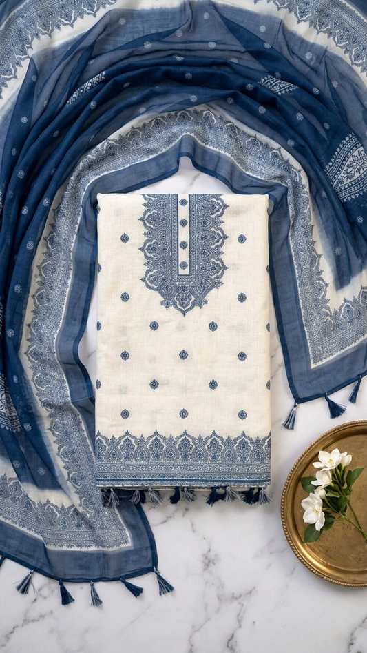 Cream Blue Embroidered Suit Set with Dupatta –Ethnic Wear India