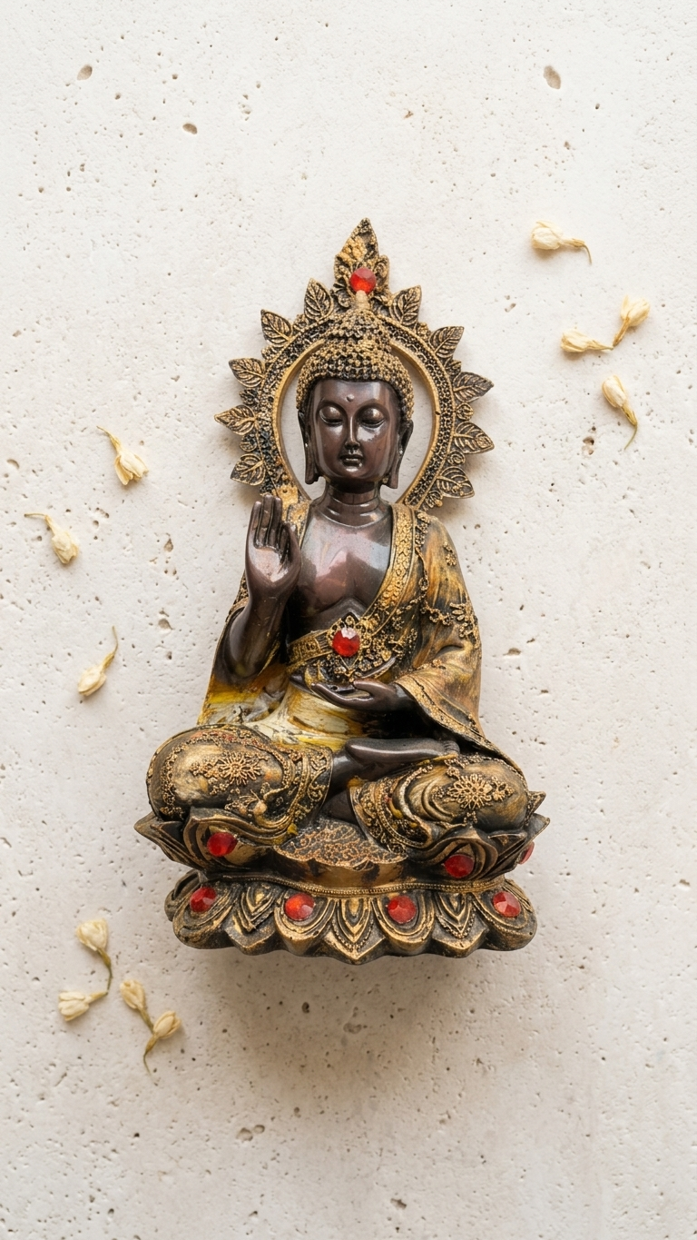 Handcrafted Buddha Idol with Red Stone – Gold Finish Meditation Statue
