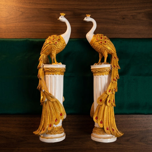 Handcrafted Golden Peacock Showpiece Set on Marble-Style Pillars – Luxury Home Decor Pair