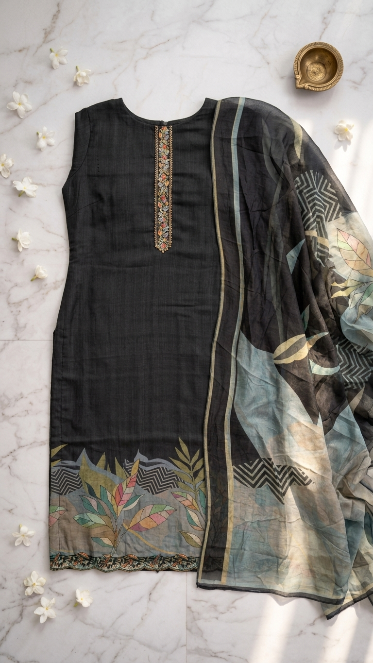 handcrafted black embroidered kurta set